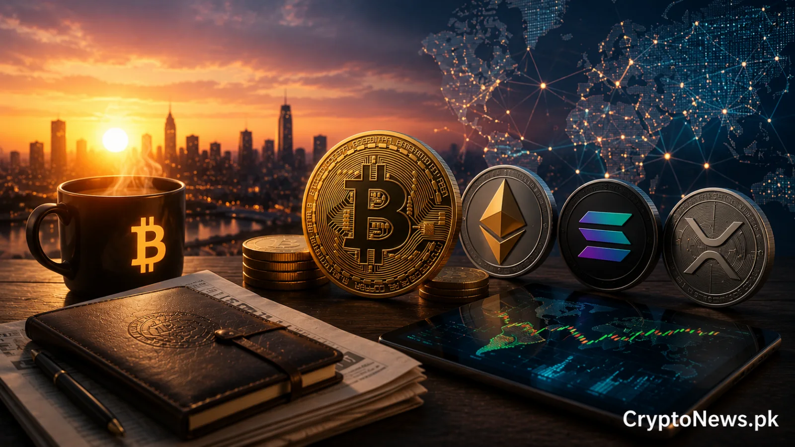 Morning crypto market scene featuring Bitcoin and major altcoins at sunrise, reflecting steady PKR prices, cautious market sentiment and mixed digital asset performance in Pakistan.