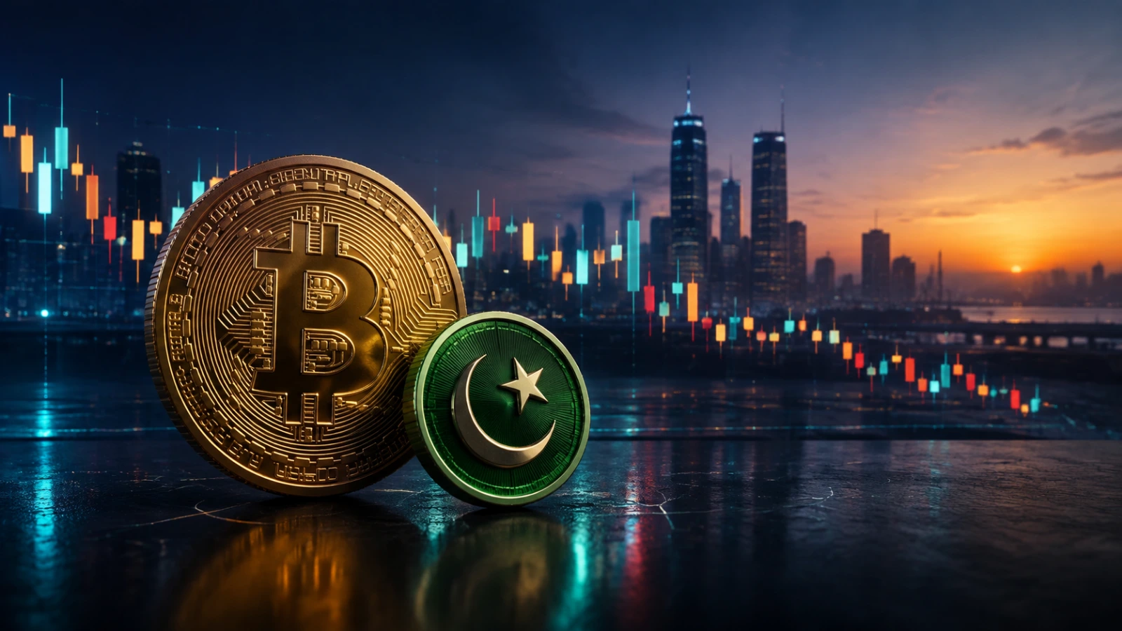 Bitcoin and a Pakistan-themed coin beside mixed crypto market candles at sunrise.