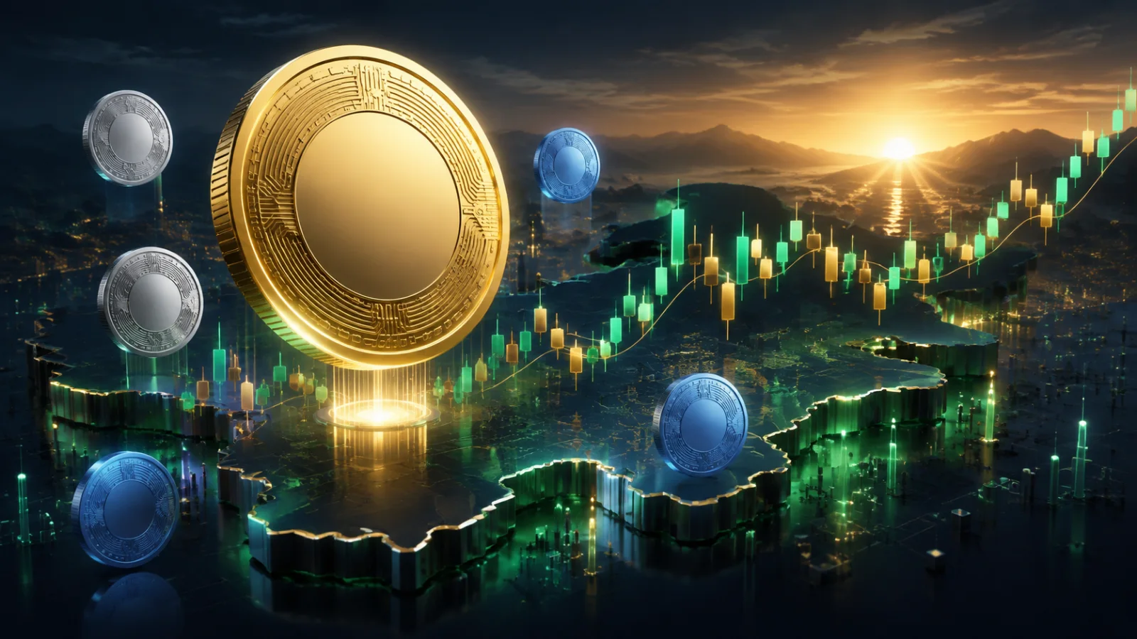 Digital coins and rising market charts illuminate Pakistan in a morning PKR crypto update.