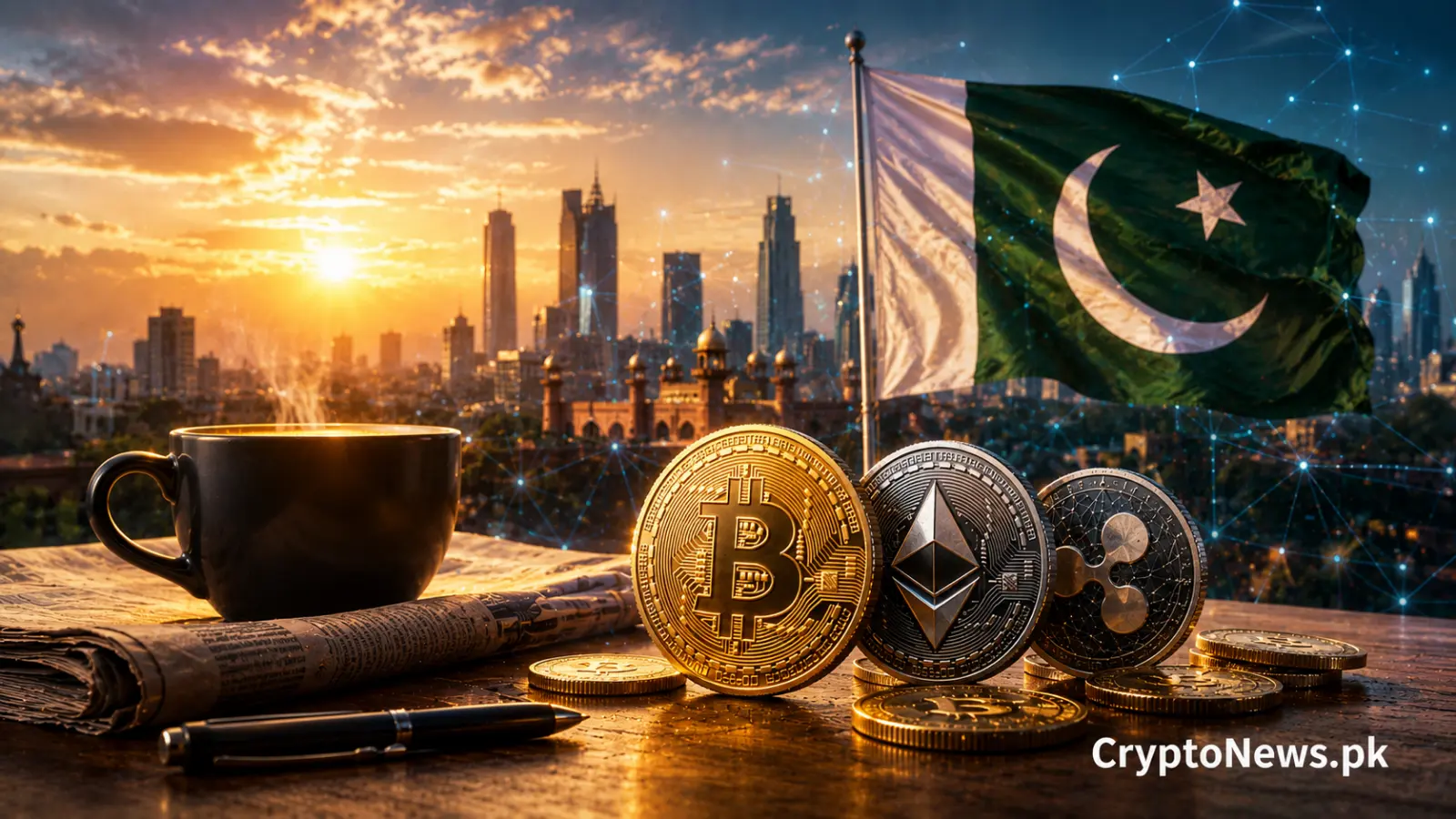Bitcoin and Ethereum coins against a Pakistan morning skyline, illustrating strong PKR crypto gains and bullish market sentiment.