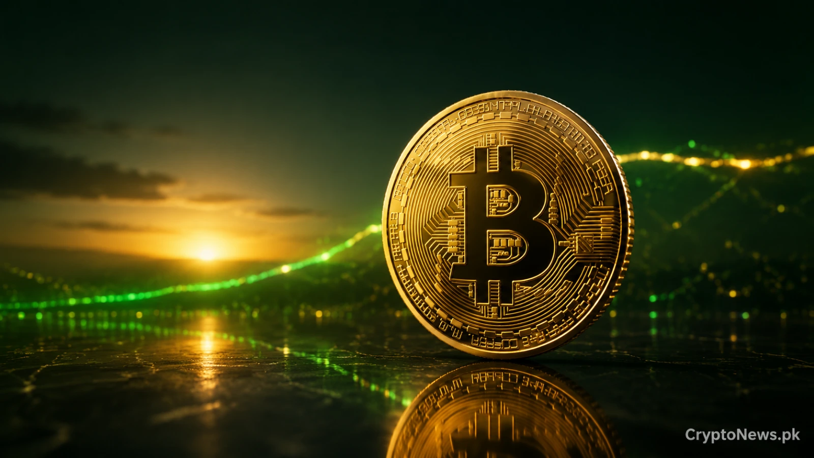 پاکستان کی کرپٹو مارکیٹ میں تیزی کے دوران طلوعِ آفتاب میں اوپر اٹھتا ہوا سنہری Bitcoin