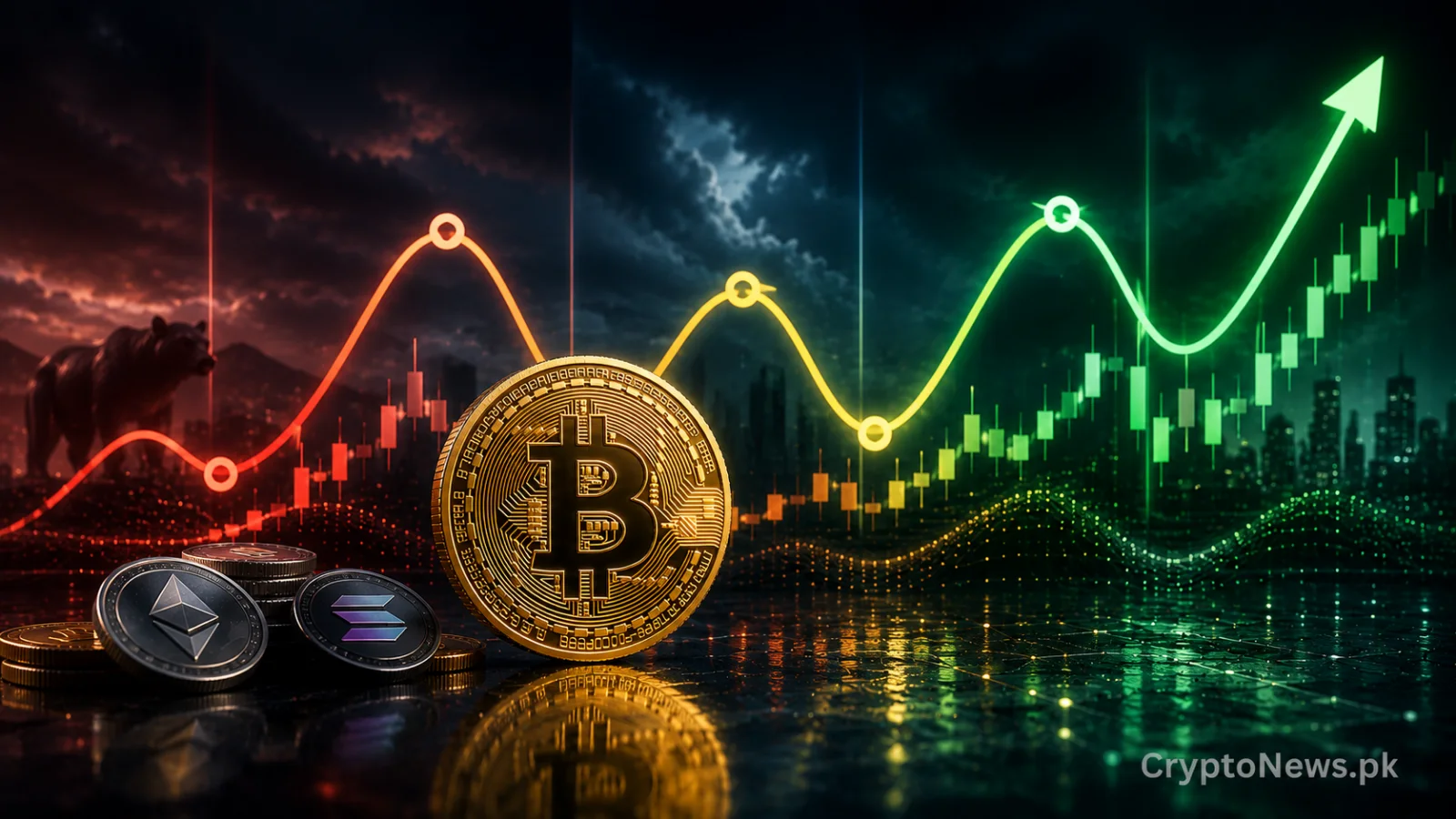 Golden Bitcoin guiding a circular digital asset market cycle with altcoin and speculative token paths.