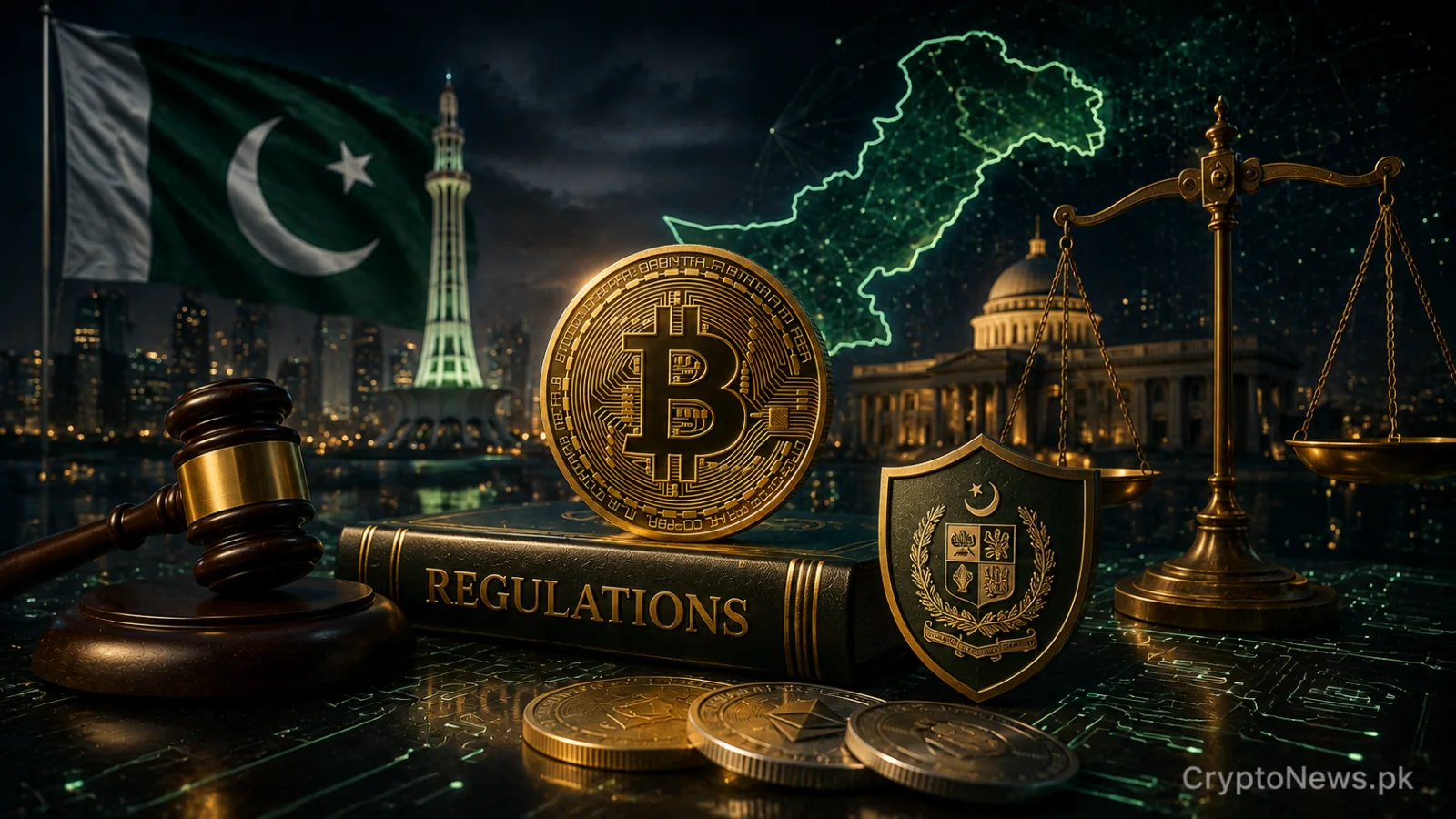 پاکستان میں ڈیجیٹل اثاثوں کے بدلتے ہوئے قانونی منظرنامے کی عکاسی کرتے ہوئے بٹ کوائن، ترازو اور پاکستانی علامات