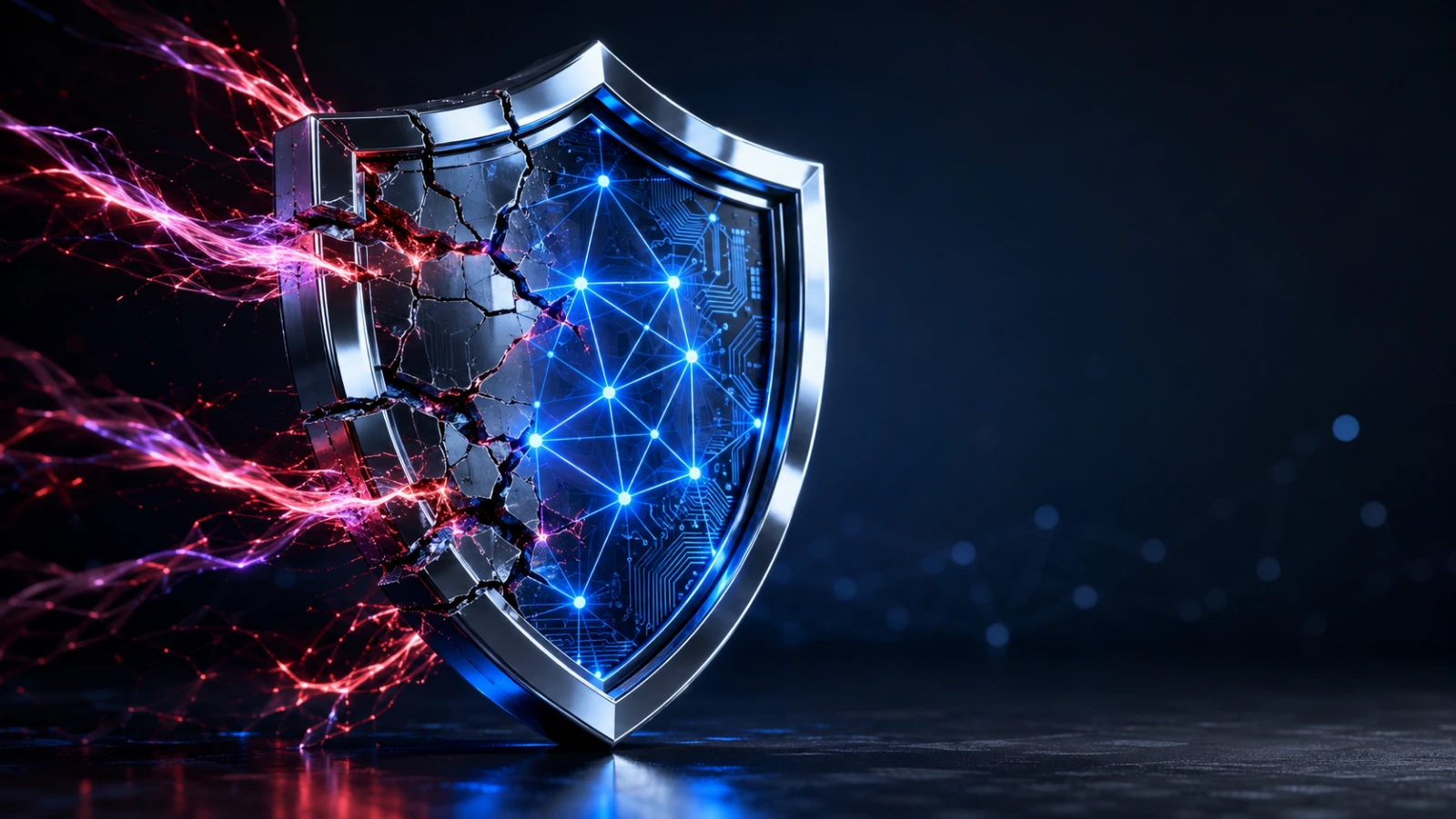 Cracked chrome shield under an AI-driven cyberattack, reinforced by a blue formal-verification network.