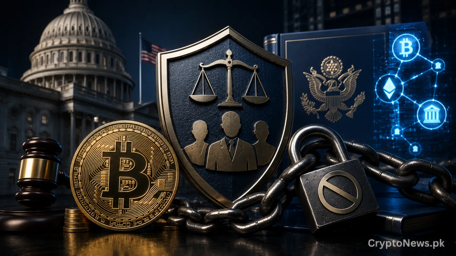 Bitcoin, a judge’s gavel, chains and an ethics shield before the US Capitol, representing proposed crypto restrictions for federal officials.