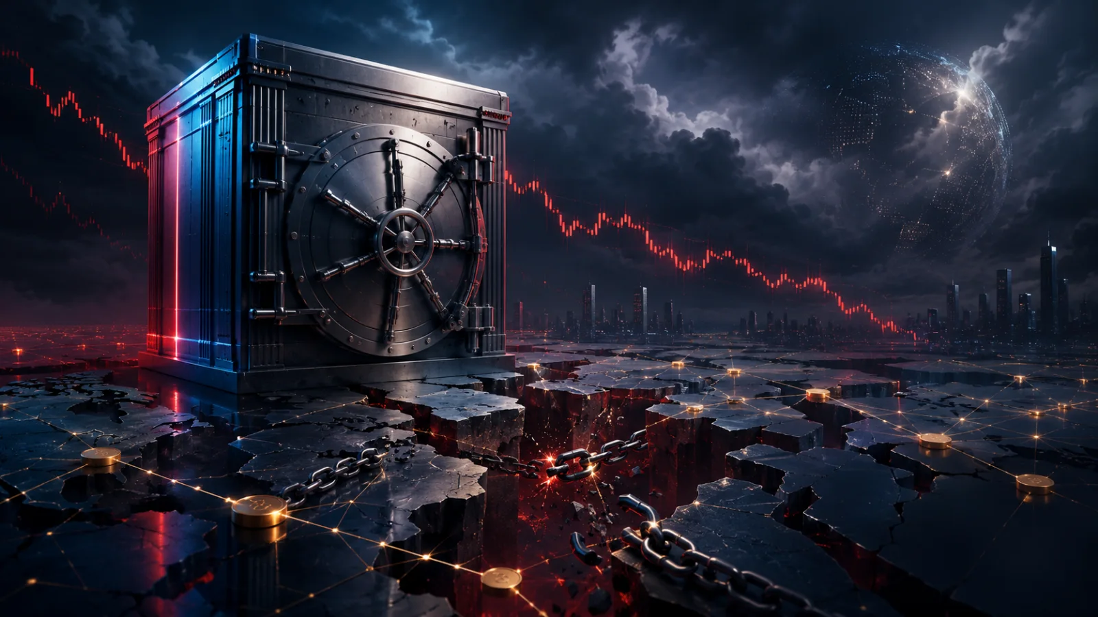 A sovereign wealth vault stands above fractured global markets amid warnings of systemic financial risk.