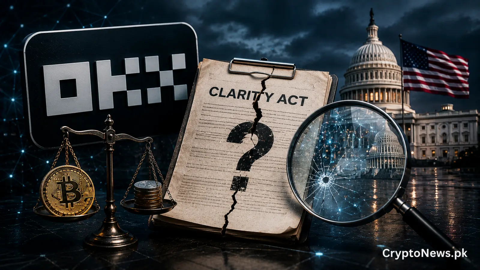 Bitcoin, a judge’s gavel and the U.S. Capitol symbolize doubts that the CLARITY Act will pass before the midterm elections.