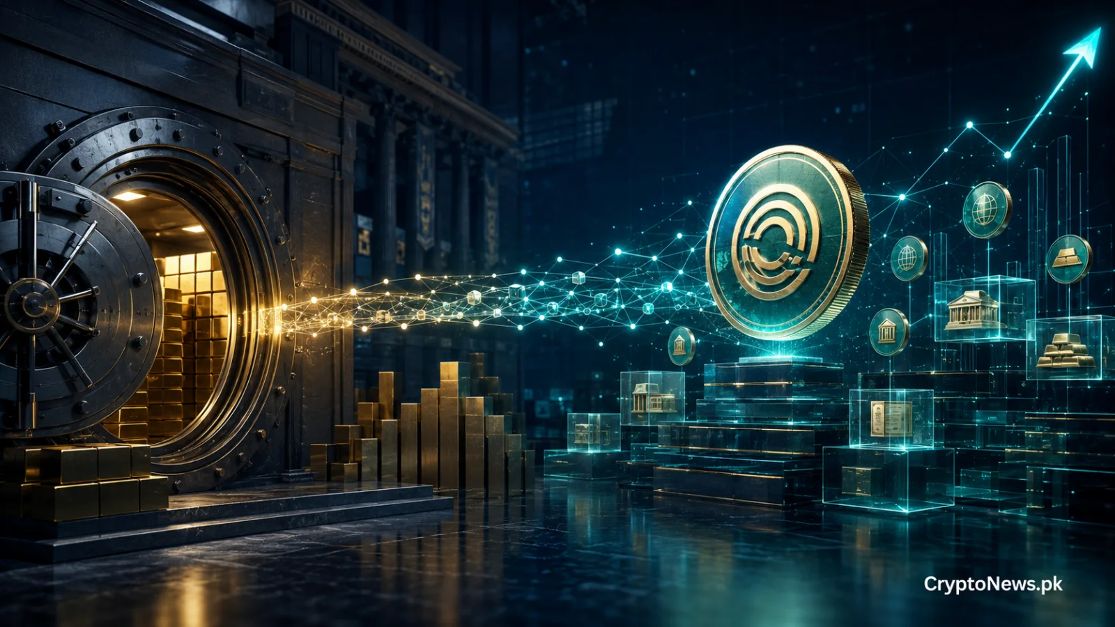 Institutional assets moving from a traditional vault into a growing blockchain-based tokenized market.