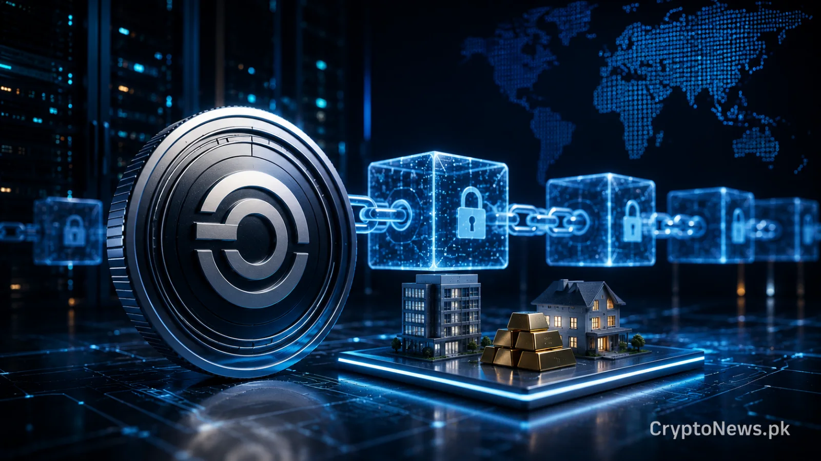Ondo Finance token beside secured private blockchain nodes and tokenized real-world assets for institutional trading.