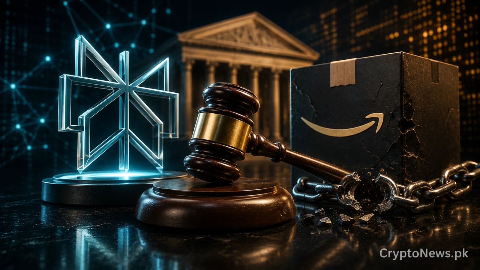 AI legal victory concept showing a glowing neural network beside a judge’s gavel and open web nodes, symbolizing Perplexity AI’s appeal win over Amazon.