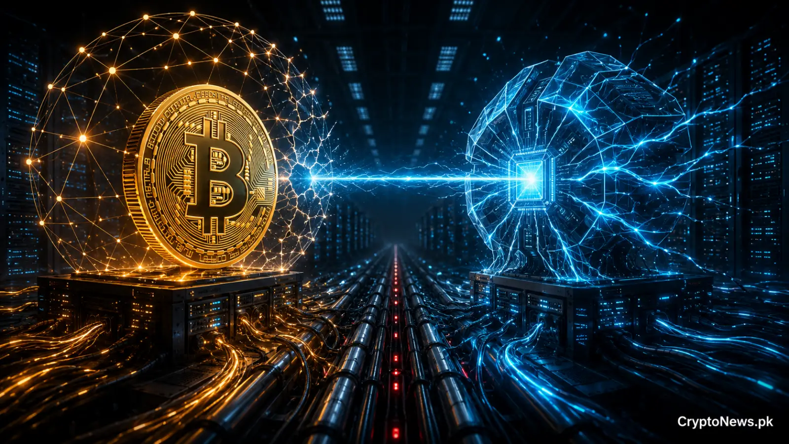 Bitcoin confronting an AI processor while competing for energy and data-center infrastructure.