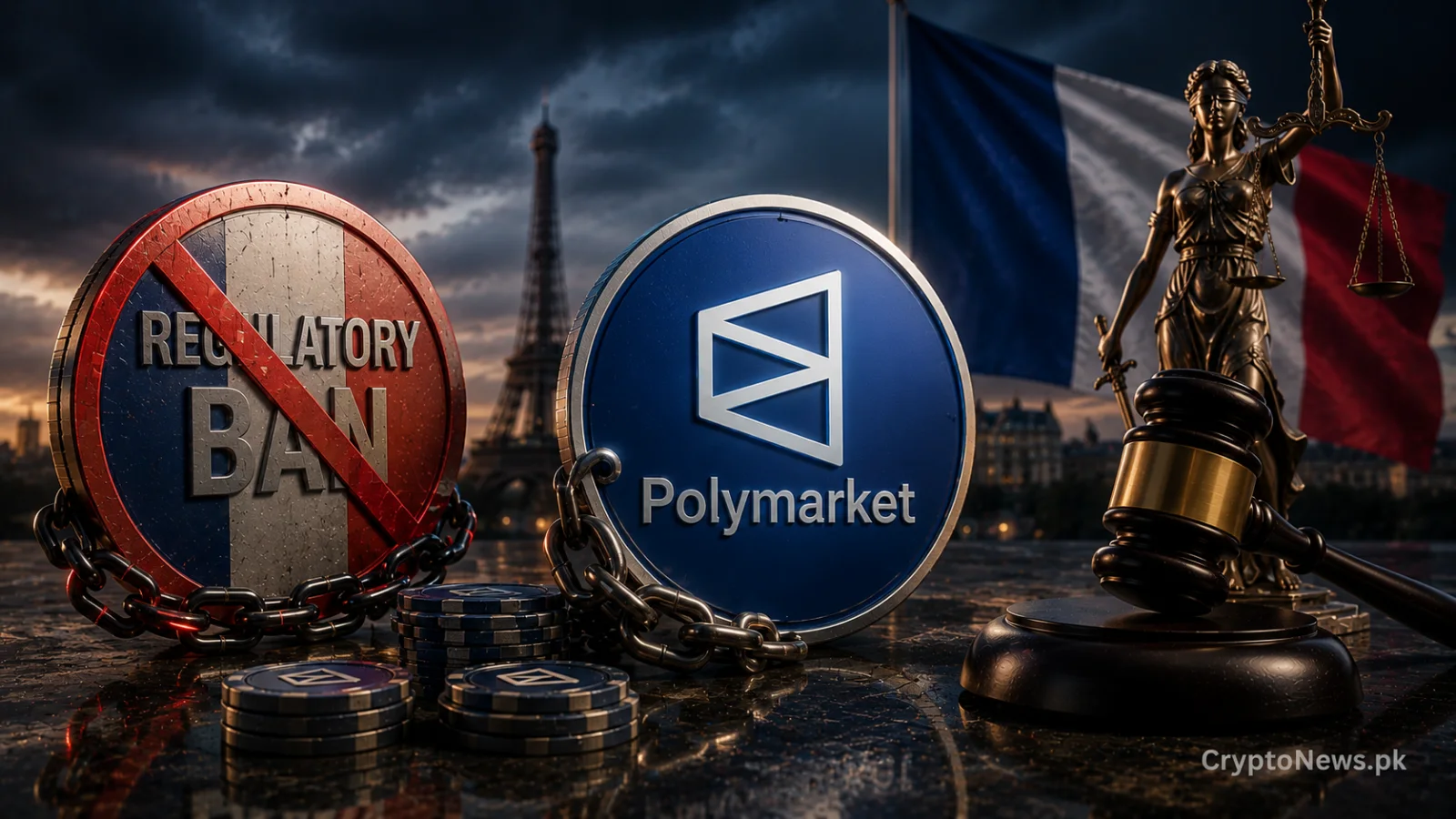 Chained prediction-market token beside a gavel and Lady Justice, symbolizing Polymarket’s legal challenge against Fr