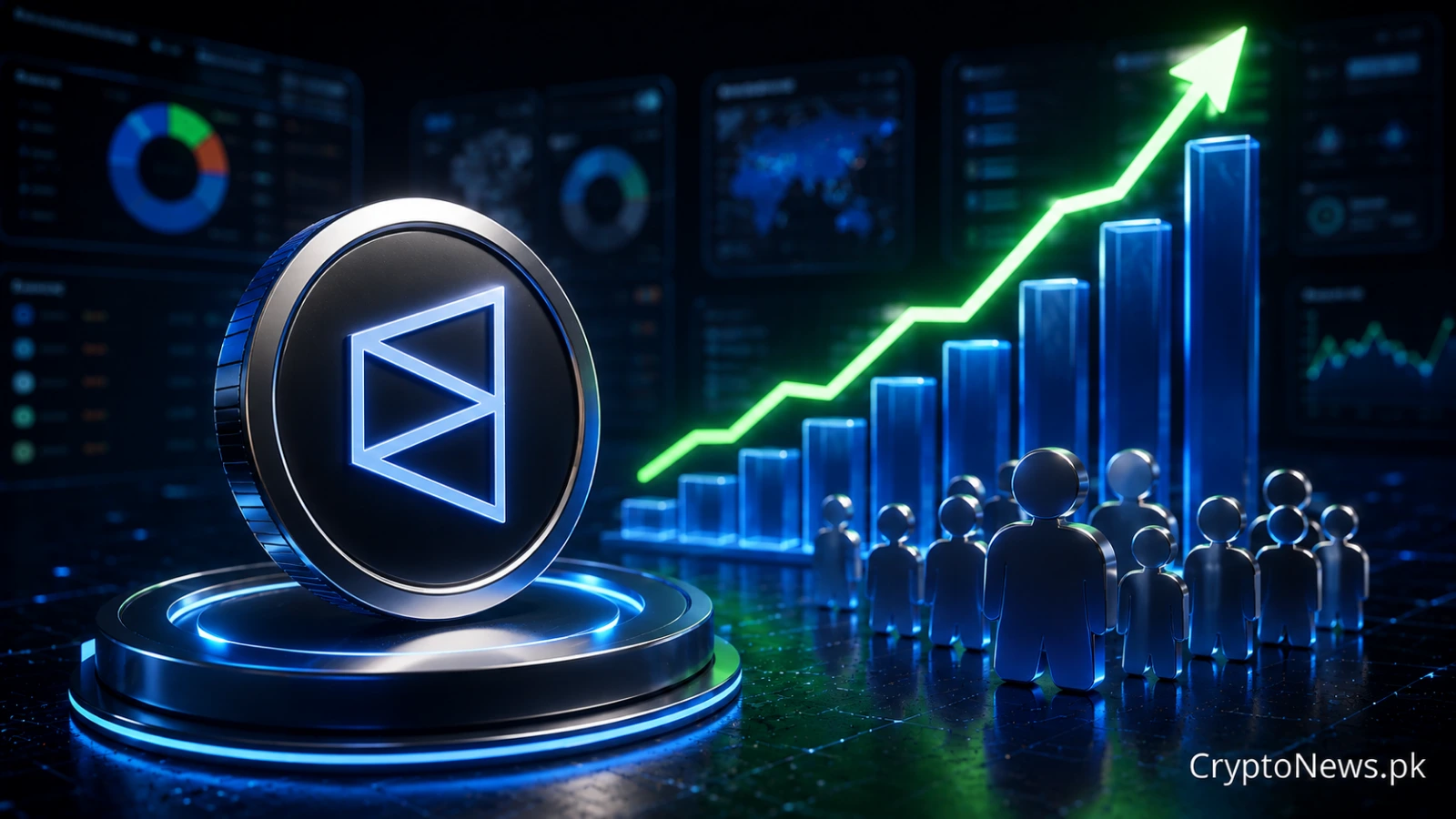 A metallic prediction-market token beside rising charts and growing user activity, symbolizing Polymarket’s targeted $20 billion valuation.