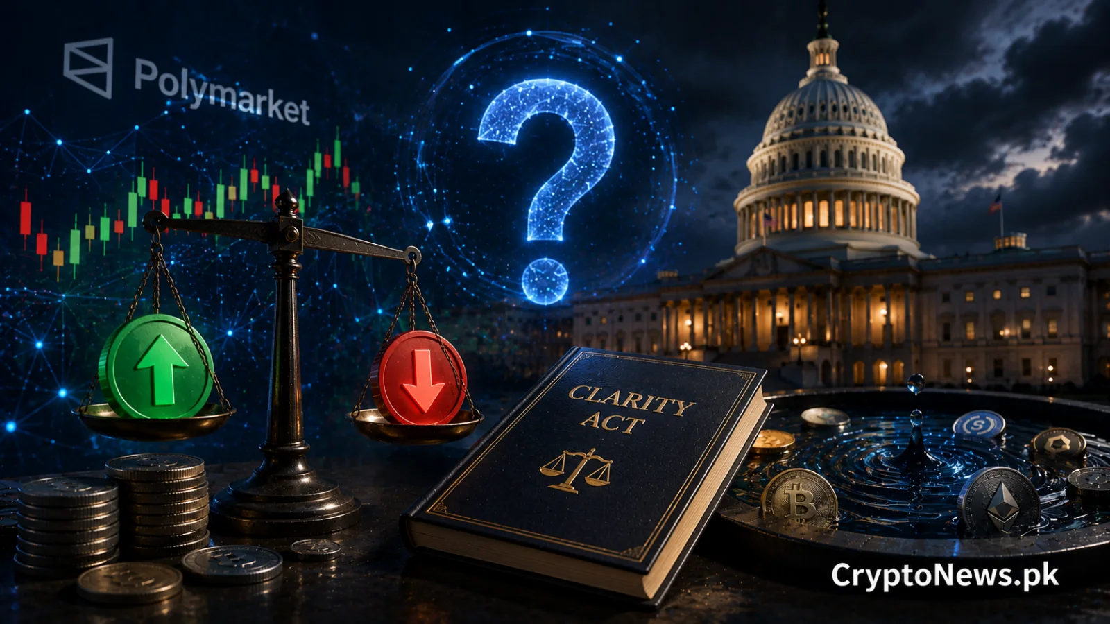 Polymarket-style prediction odds, scales of justice and the U.S. Capitol illustrating uncertainty around the CLARITY Act amid thin market liquidity.