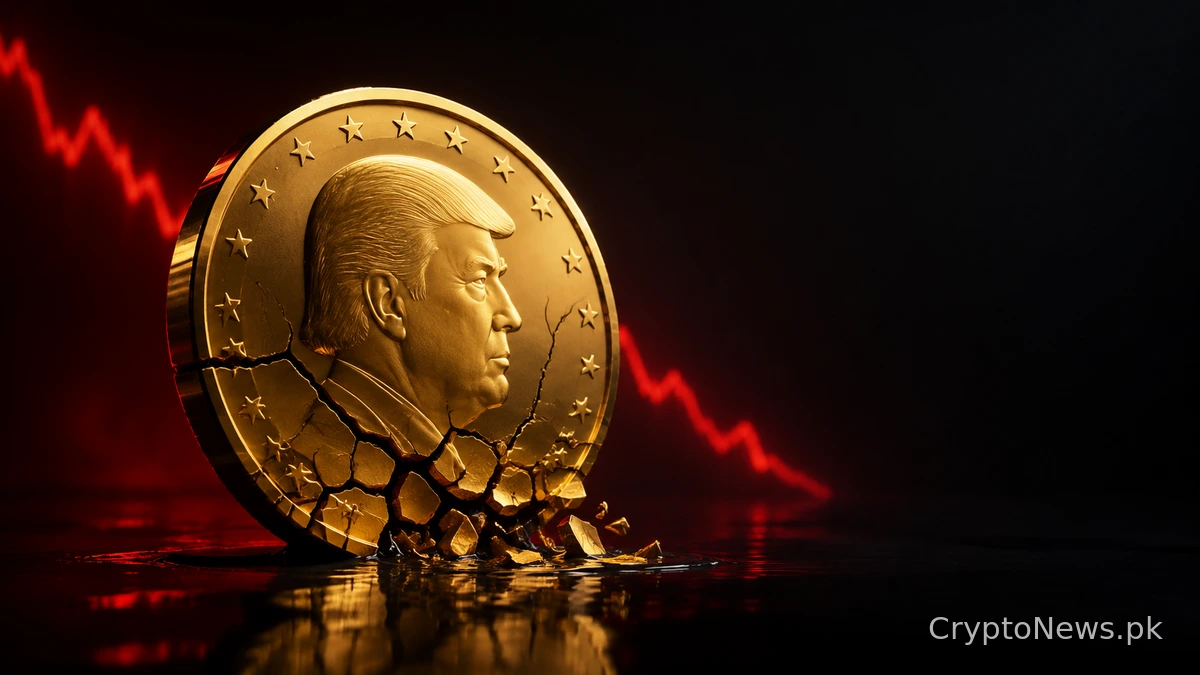 Cracked gold Trump-themed crypto coin against a falling red market line.