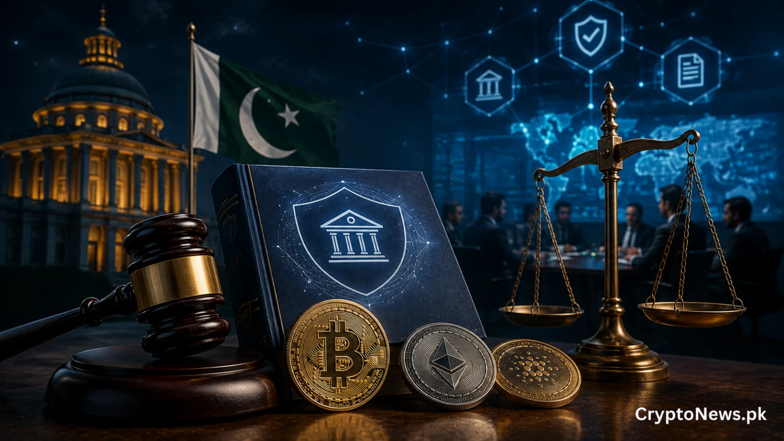 Bitcoin, a judge’s gavel and Pakistan regulatory imagery symbolize PVARA’s push toward a formal licensing framework for digital asset service providers.