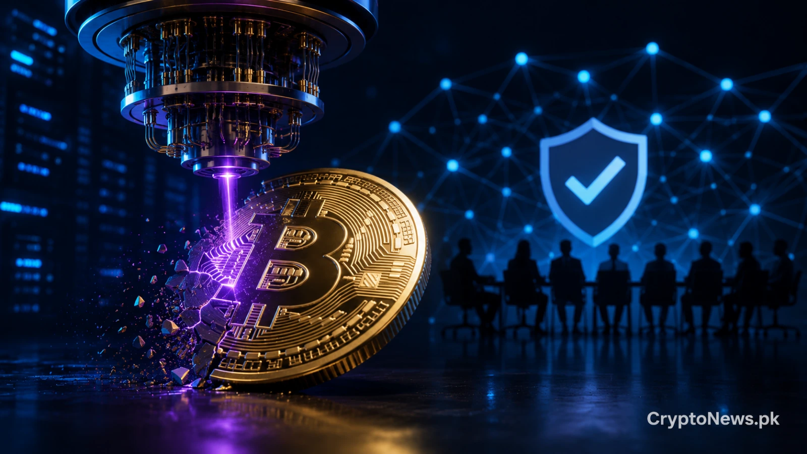 A quantum processor threatens a fractured blockchain security shield, symbolizing the governance challenge of adopting post-quantum protection.