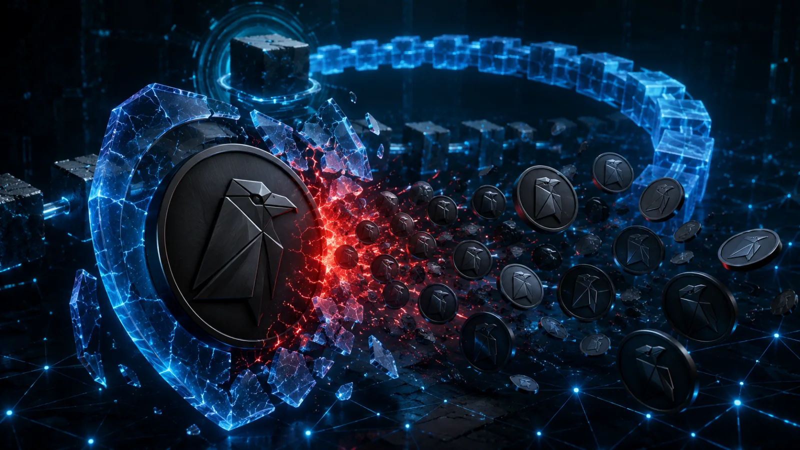 Unauthorized Ravencoin tokens burst through a shattered shield as the blockchain considers a rollback.
