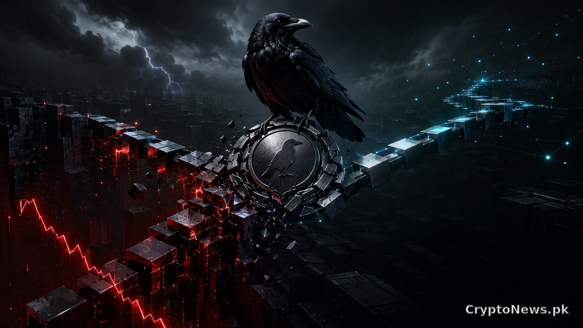 A raven guards a fractured blockchain as a critical exploit drives RVN to a record low.