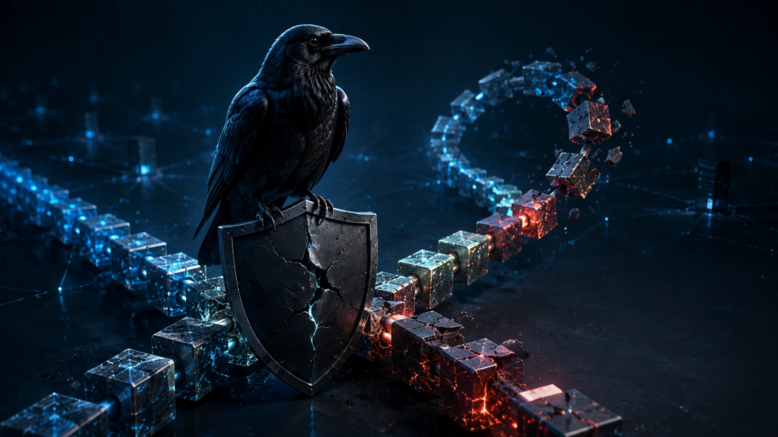 A raven guards a fractured blockchain as Ravencoin faces a critical flaw and potential rollback.
