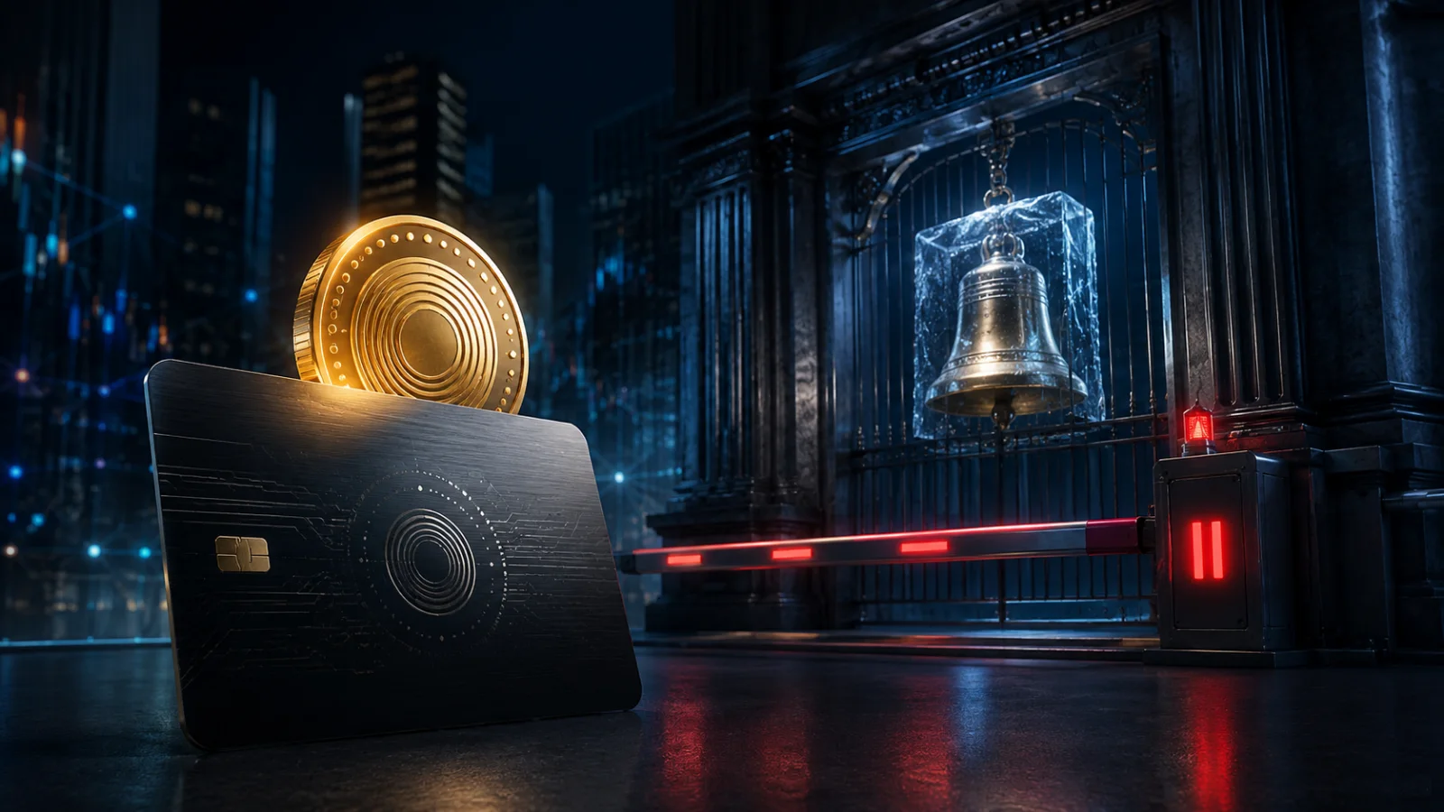 Stablecoin payment card halted outside a stock exchange with its opening bell frozen.