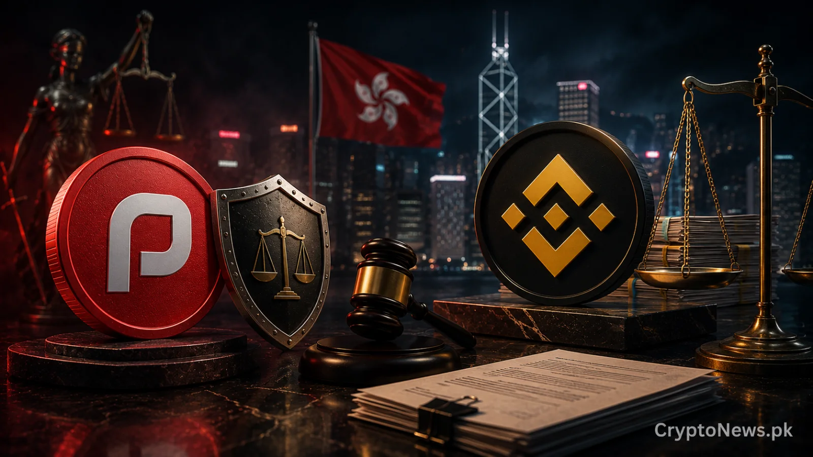 crypto legal dispute concept showing a payment card, Binance-themed coin and judge’s gavel against the Hong Kong skyline, symbolizing RedotPay’s defense against Binance’s lawsuit.