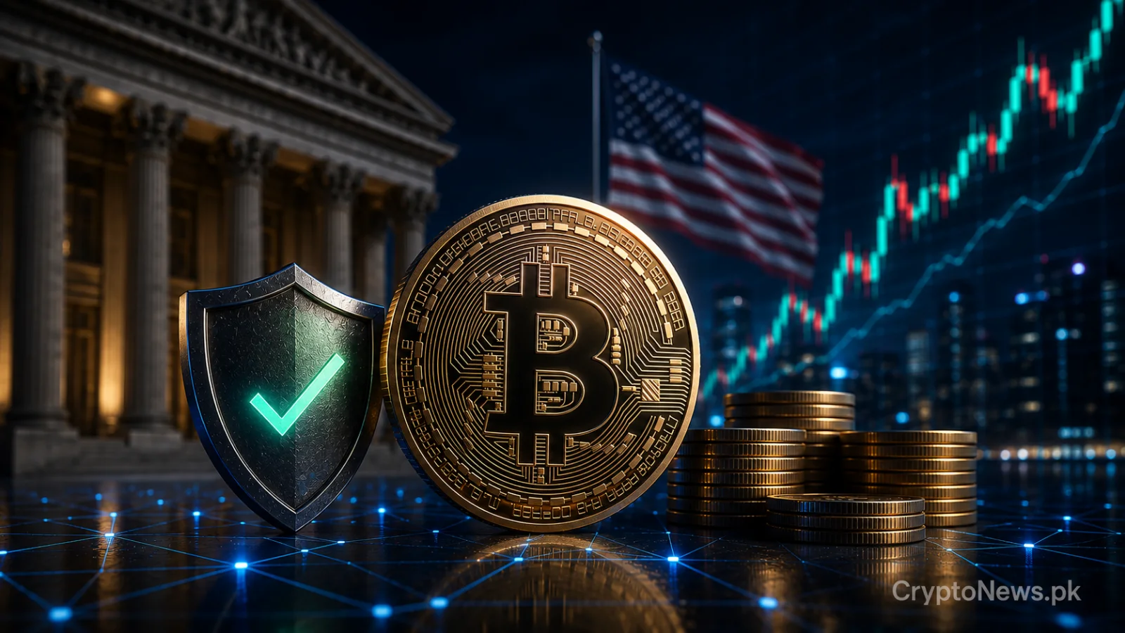 Gold Bitcoin coin above an infinity-shaped futures ring beside an institutional vault, symbolizing regulated perpetual crypto trading entering the U.S. market.