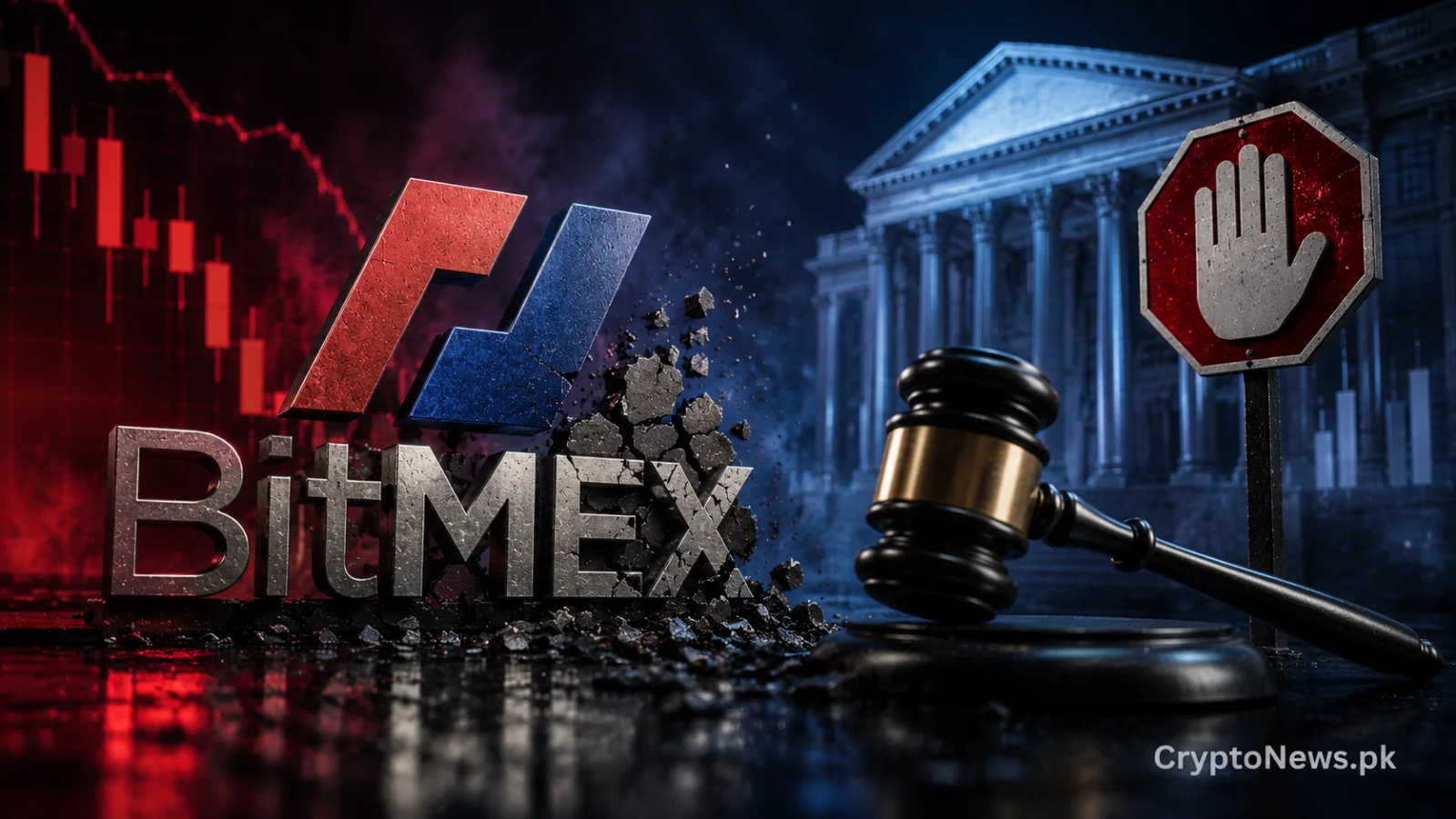 A sealed crypto exchange gateway beneath regulatory scales, symbolizing the BitMEX shutdown and growing market consolidation.