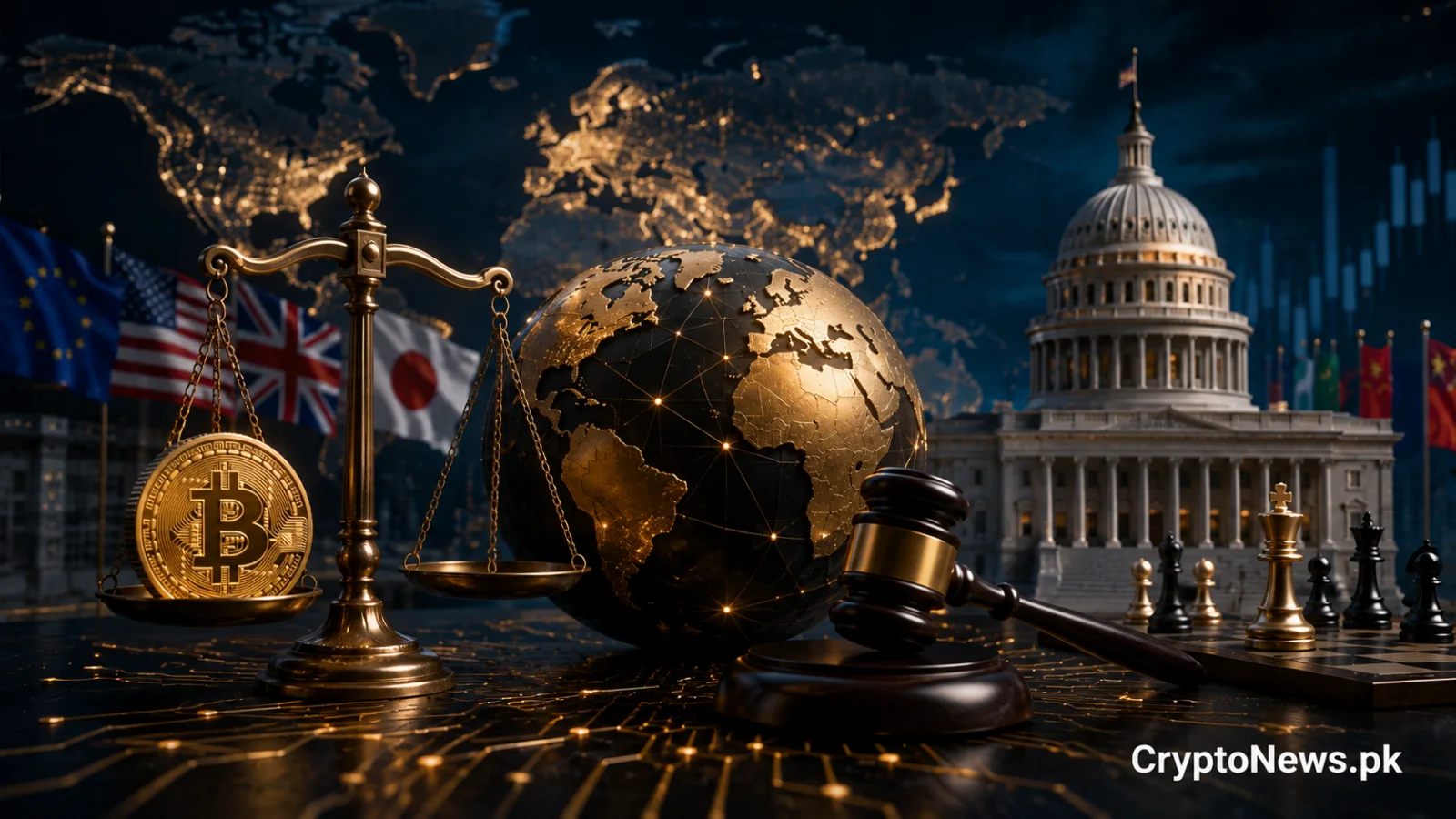 Global crypto regulation and political influence represented by Bitcoin, legal scales, government institutions, and international markets