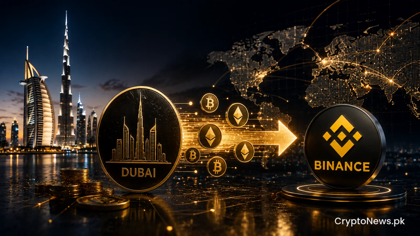 A metallic BNB coin beside a blocked cross-border money flow and compliance shield, symbolizing the reported $676 million Dubai-to-Binance transfer.