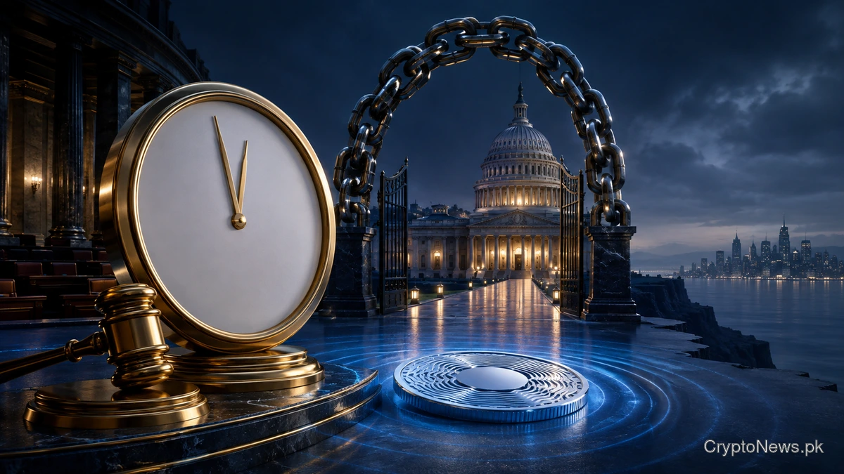 A deadline clock and regulatory gateway symbolize the pivotal Senate vote on U.S. crypto legislation.