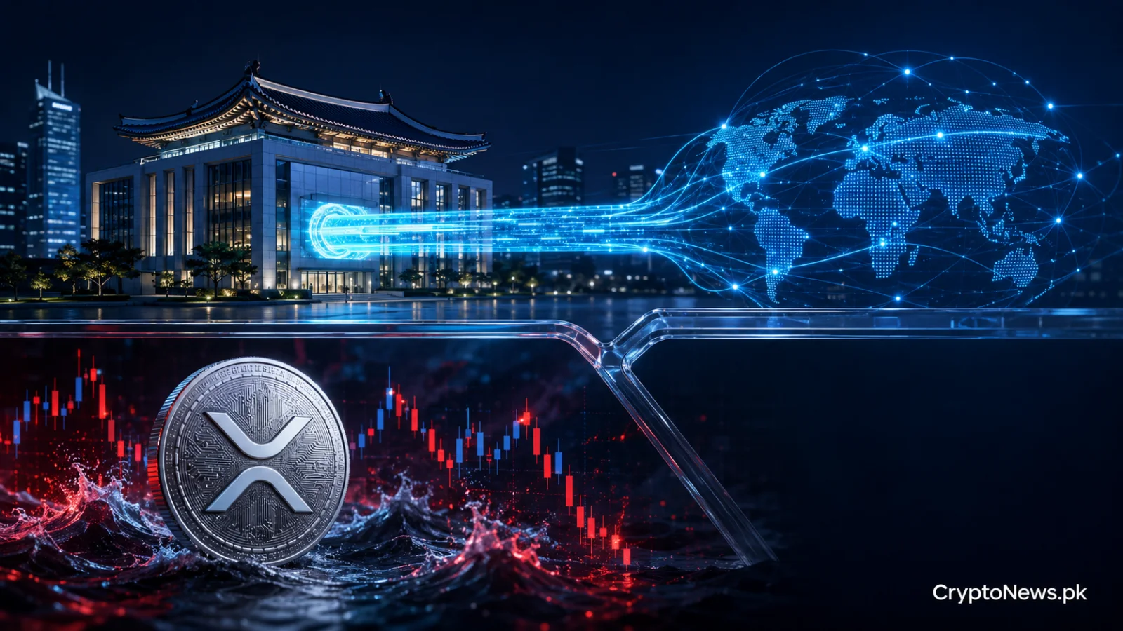 Ripple’s Korean payment expansion contrasted with an XRP coin facing volatile market conditions.
