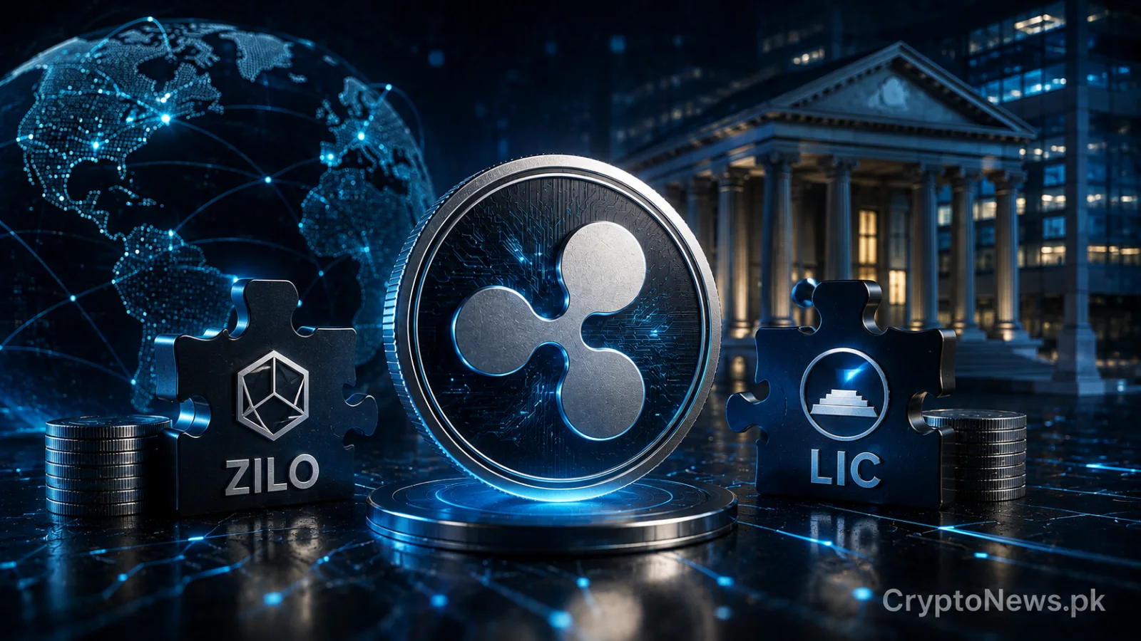 Metallic XRP coin connecting regulated fund infrastructure with tokenized institutional capital markets.