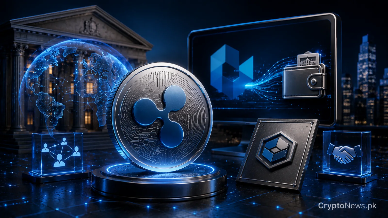 Ripple token, institutional wallet and compliance network representing RLUSD minting and global financial adoption