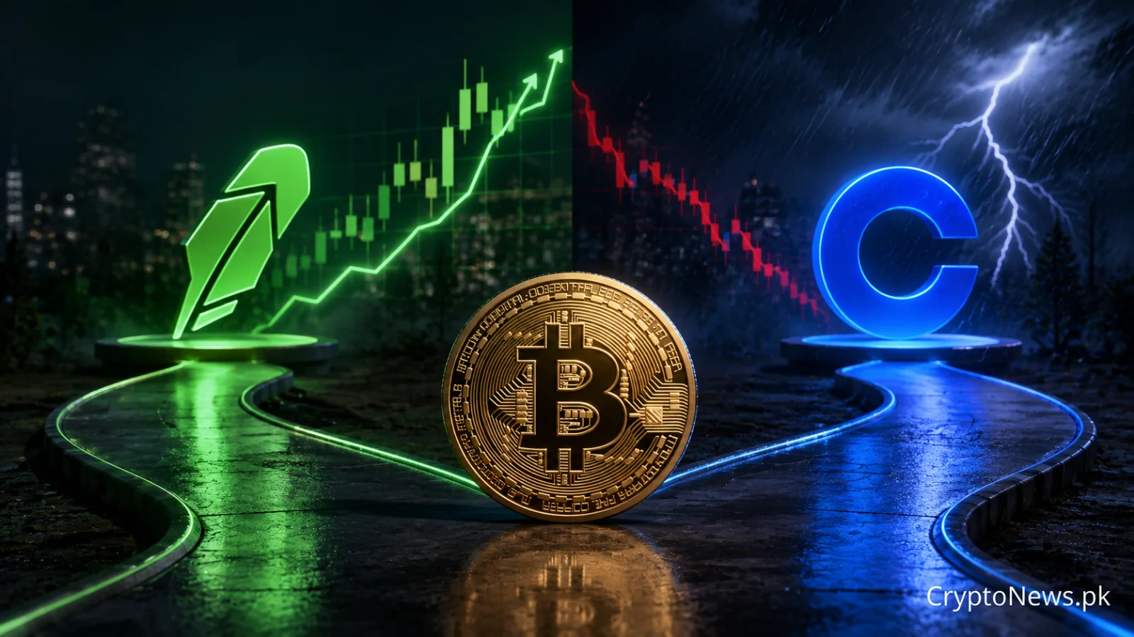 A metallic Bitcoin at a forked market path, symbolizing Robinhood and Coinbase taking different strategies during crypto volatility