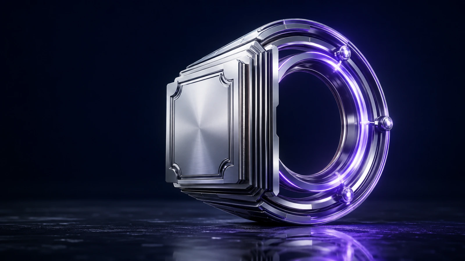 Chrome market portal merging tokenized assets with a glowing perpetual futures loop for Arcus DEX