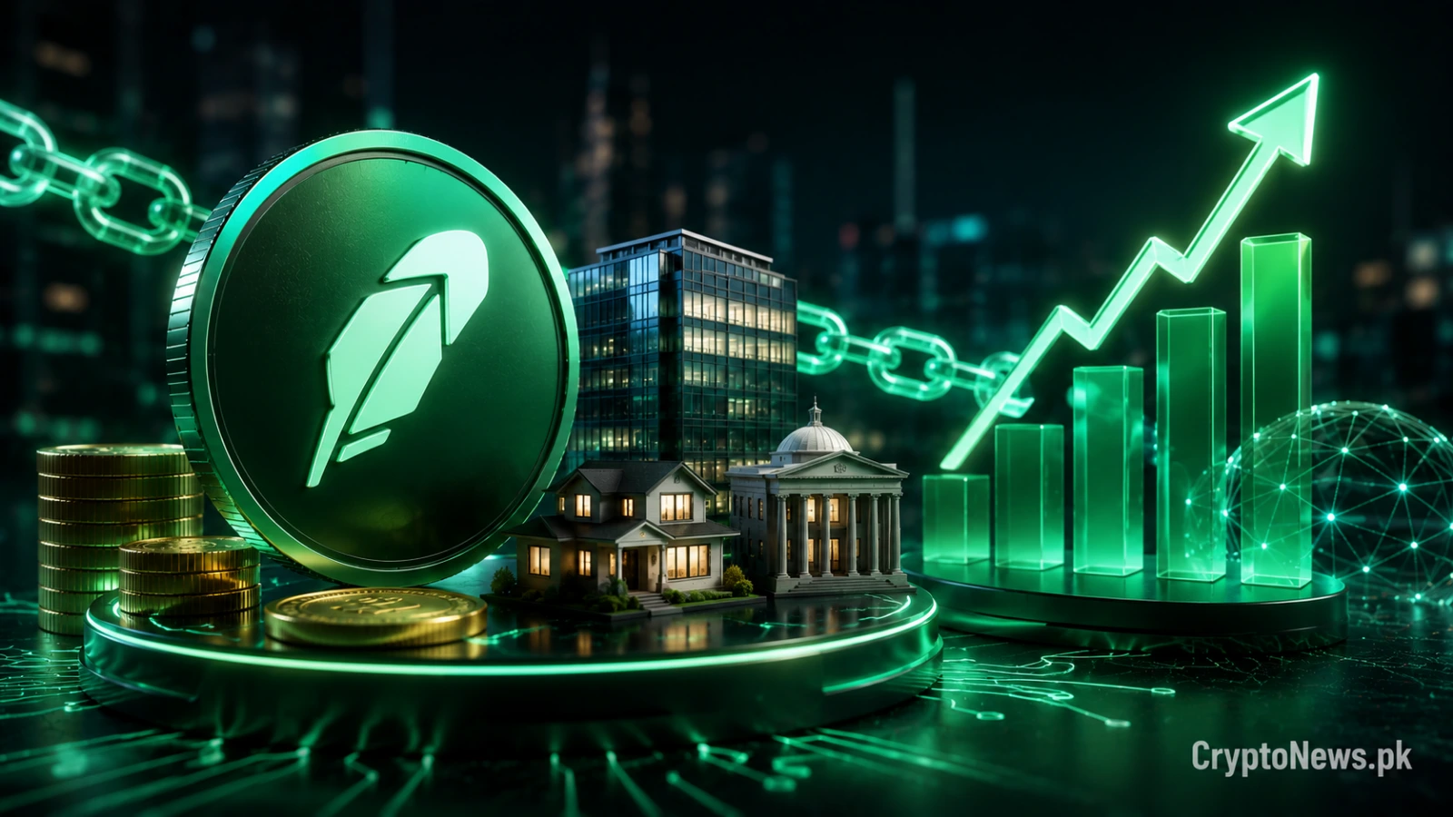 Metallic blockchain token surrounded by tokenized stocks, gold and real estate, symbolizing fivefold real-world asset growth on Robinhood Chain.