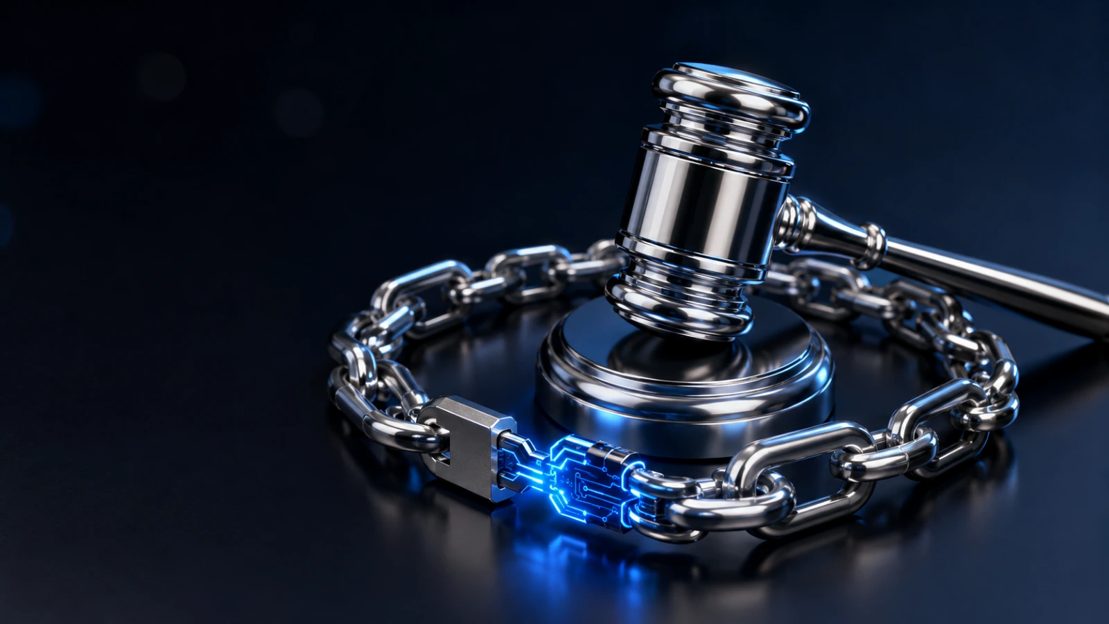 Chrome gavel locking a forged chain symbolizes Russia’s advancing comprehensive crypto regulatory framework.