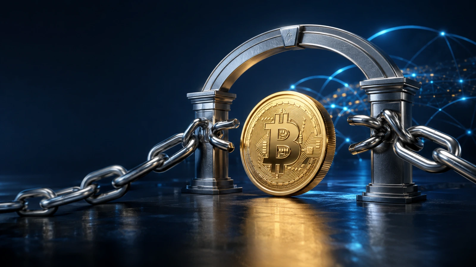 Gold Bitcoin coin passes through a regulated gateway as Russia advances crypto legislation for international trade.
