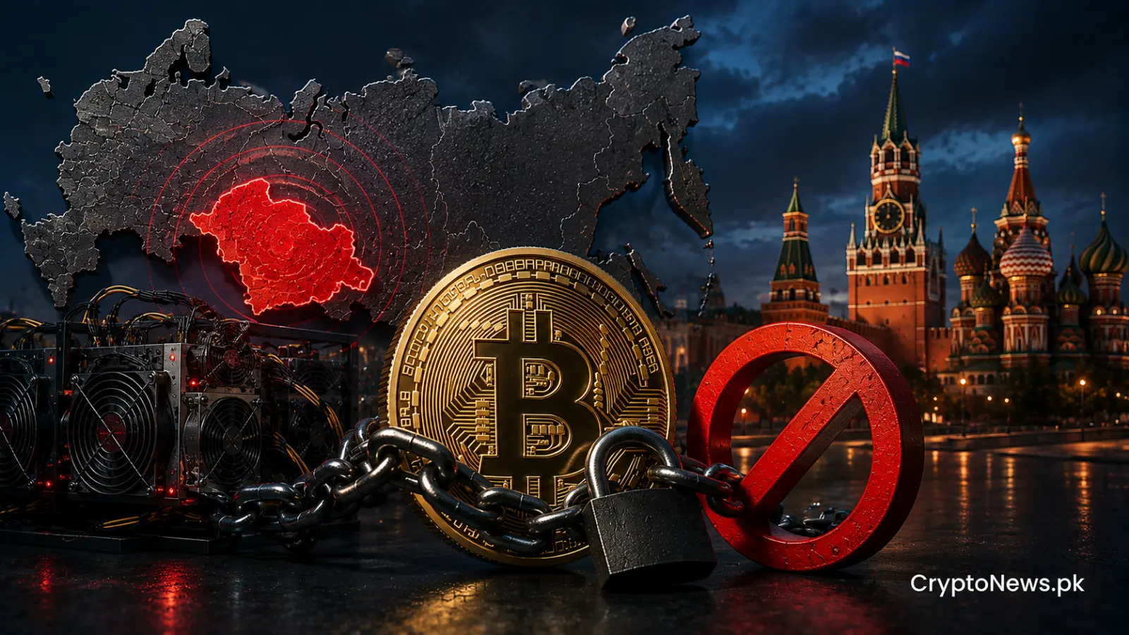 A chained Bitcoin mining rig beneath Moscow’s skyline, symbolizing Russia’s extended crypto mining ban through 2032
