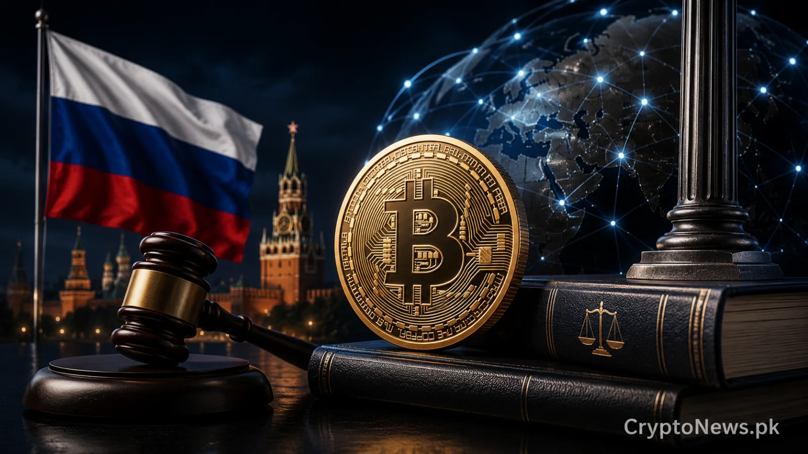 Premium 3D Bitcoin regulation concept illustrating Russia’s new legal framework for crypto mining and cross-border digital asset settlements