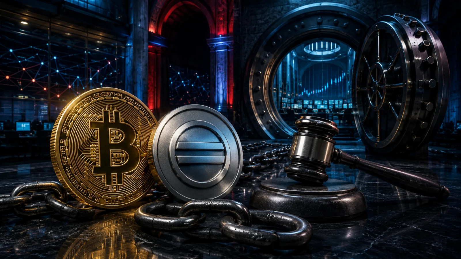 Bitcoin and stablecoin tokens beside a gavel and open vault symbolize regulated crypto trading in Russia.