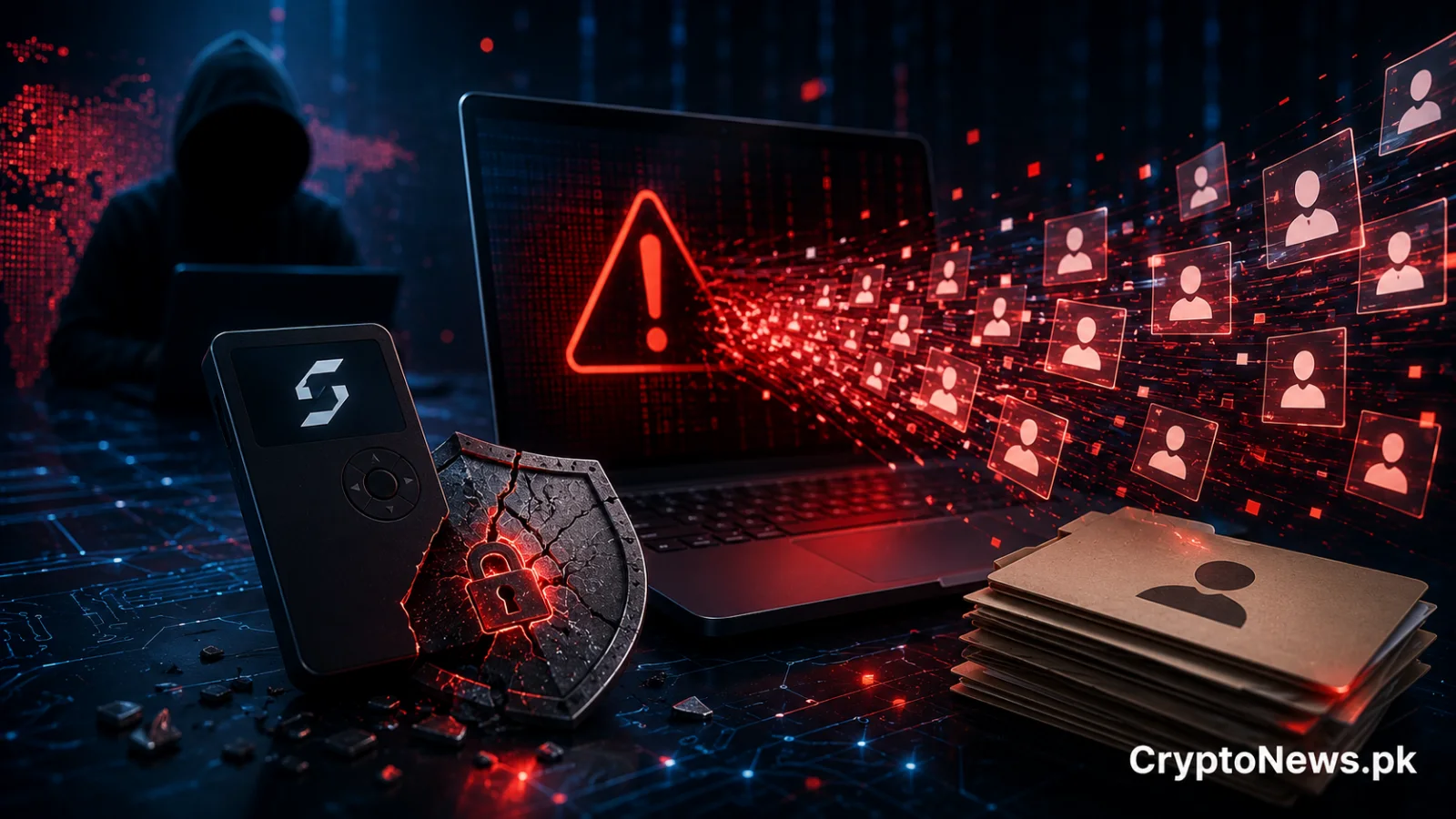 SafePal data breach exposing customer personal information, illustrated by a compromised hardware wallet, cracked security shield and leaked user data.
