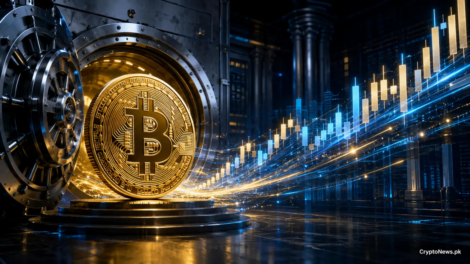 ایک انسٹیٹیوشنل والٹ سے نکلتا ہوا سنہرا Bitcoin جو ETF کے داخلے سے مارکیٹ میں تیزی کو ظاہر کر رہا ہے۔