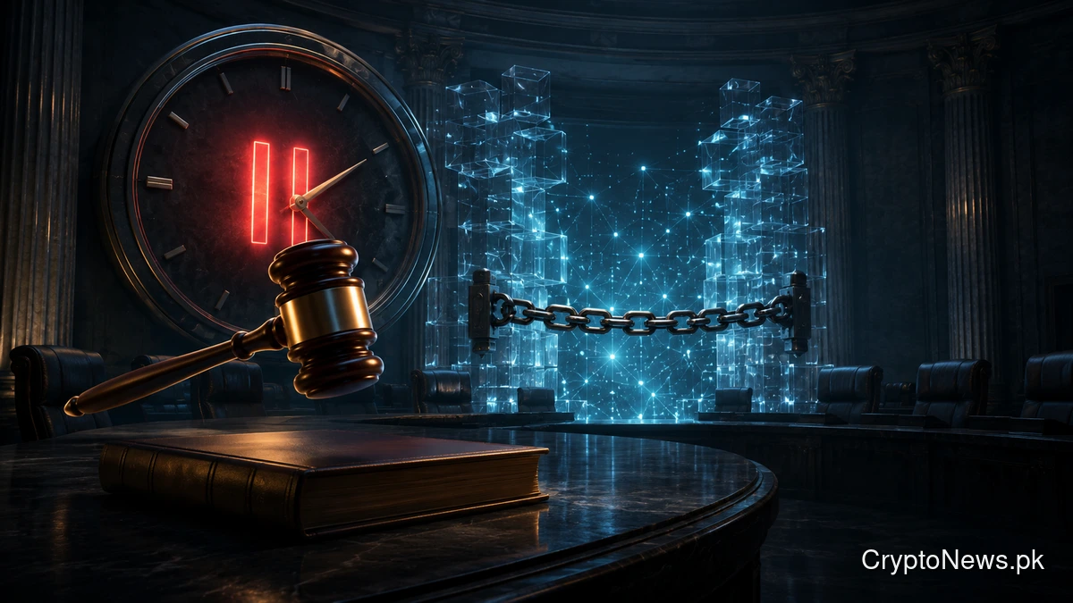Frozen gavel and chained blockchain gateway symbolize the SEC’s postponed cryptocurrency regulation meeting.
