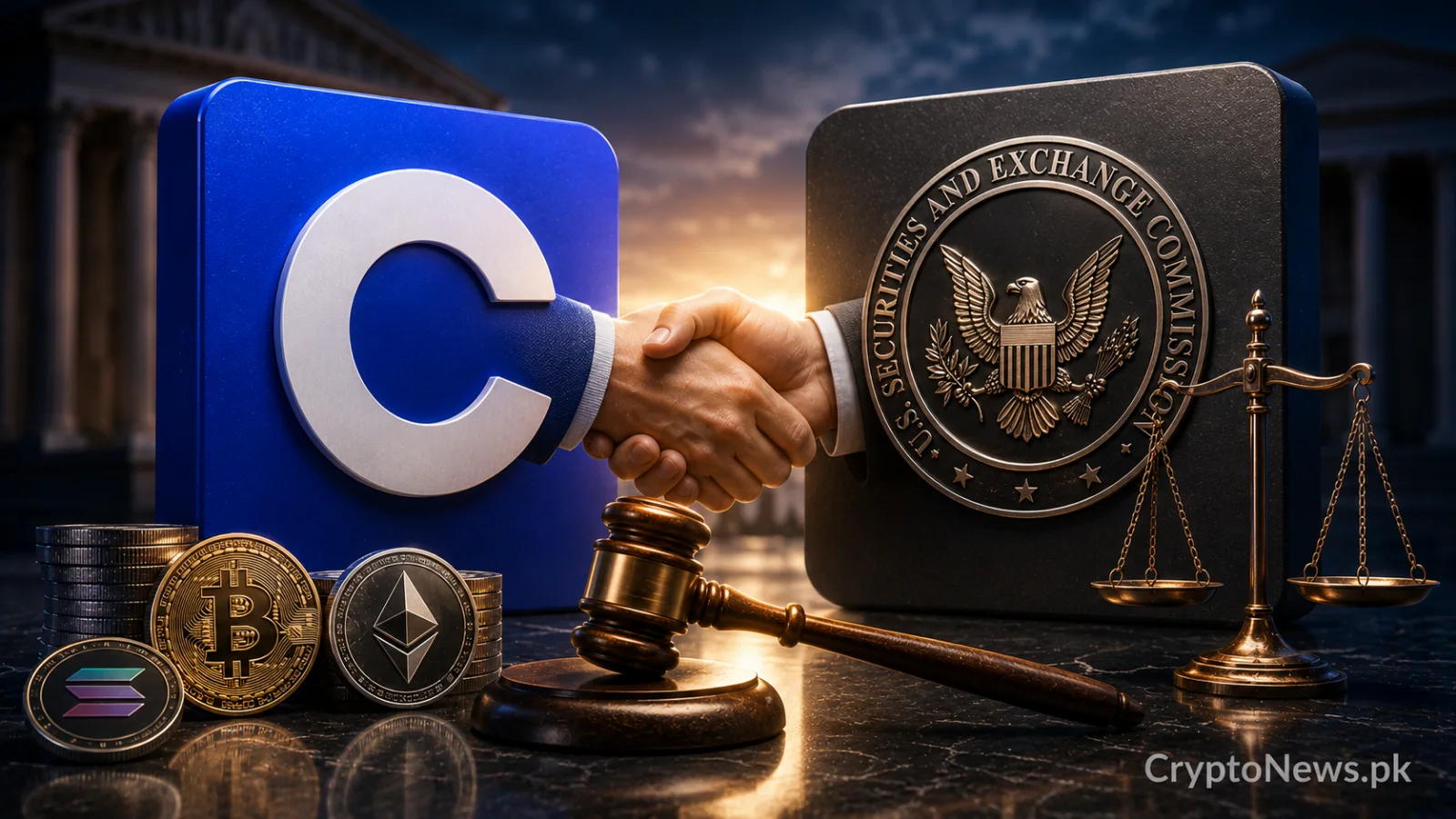 Regulatory and crypto representatives shaking hands beside a gavel, symbolizing the SEC and Coinbase records-dispute settlement.