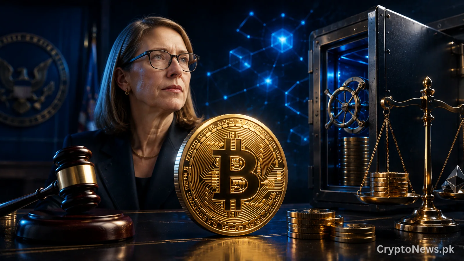 SEC Commissioner Hester Peirce beside a secured crypto vault, Bitcoin and legal symbols, representing regulatory warnings for DeFi lending protocols.