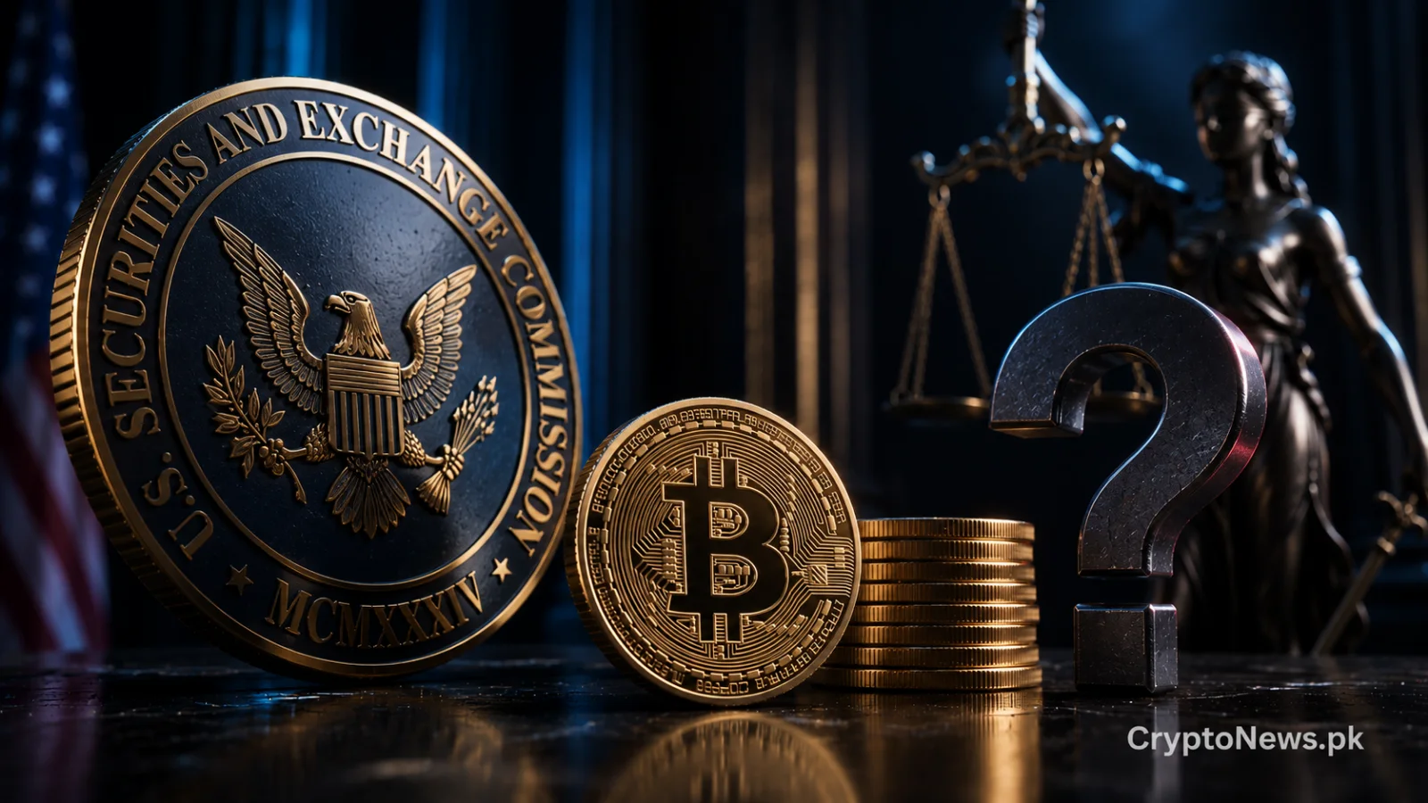 Metallic crypto vault beneath legal scales, symbolizing SEC scrutiny over whether digital asset curators qualify as fund managers.