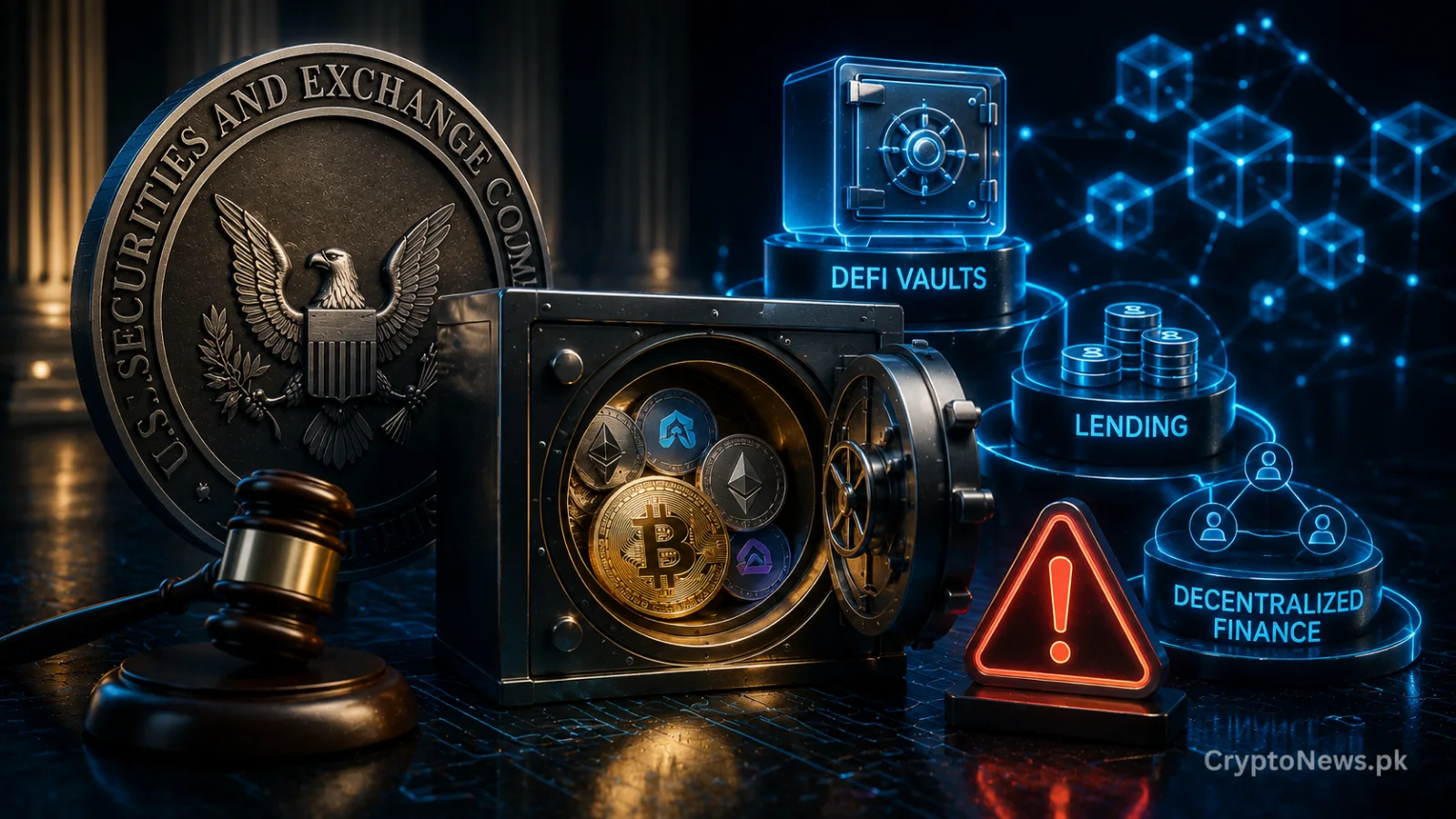 Open DeFi vault beside a regulatory seal and gavel, symbolizing potential securities scrutiny for crypto lending and yield protocols.