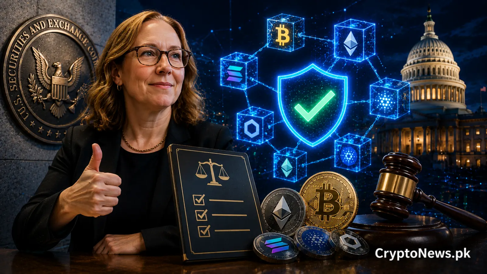 SEC Commissioner Hester Peirce supporting a clearer digital asset framework, with crypto assets, compliance symbols and the U.S. Capitol representing regulatory reform.